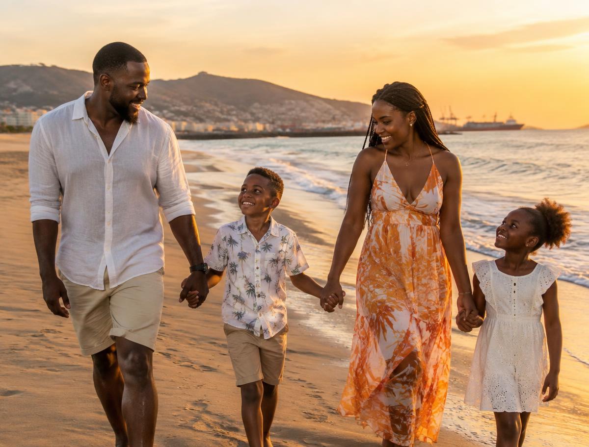 Família angolana a passear na praia ao pôr do sol